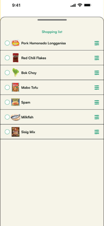Shopping list screen